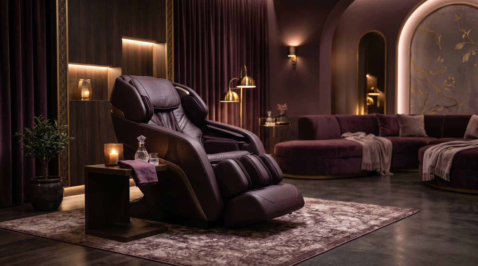 A serene person fully relaxed in a reclining massage chair in a warm, softly lit living room in the evening