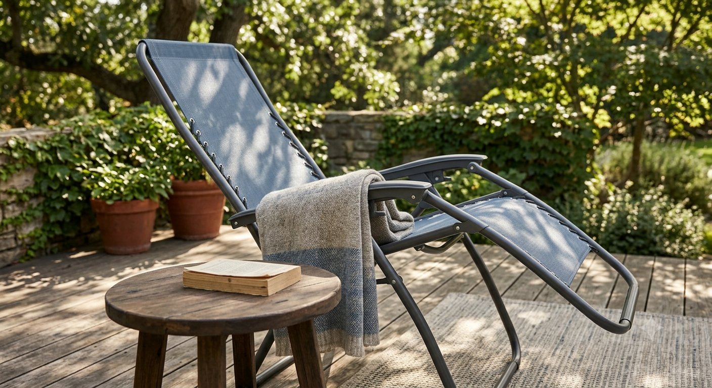 A zero-gravity massage chair reclined on a calm evening patio under warm lamplight