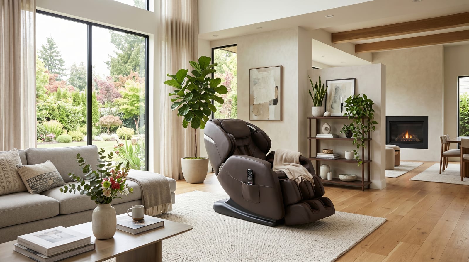 A premium massage chair as the centerpiece of a bright, elegant modern living room